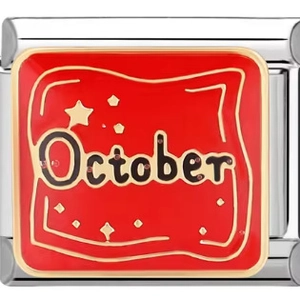 October charm link in silver stainless steel with red enamel and gold star details