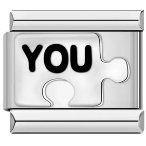 Charm modulare italiano in acciaio inossidabile con smalto bianco e design puzzle YOU