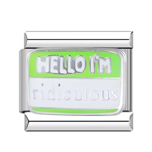 Italienisches Charm-Armband Modul aus Edelstahl mit grüner Emaille Hello I'm ridiculous Text