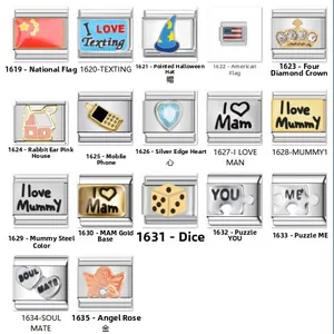 Customizable 9mm stainless steel Italian charm links with diverse enamel symbols and icons