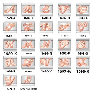 Detailed grid view of Italian charm bracelet links in silver and rose gold with zircon