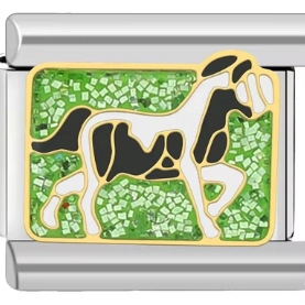 Italian modular stainless steel bracelet link with horse emblem and green mosaic inlay