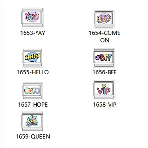 Detail view of Italian charm links with colorful YAY, HELLO, and QUEEN typography