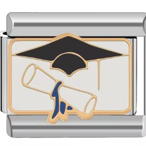 Detail of graduation charm for Italian bracelet featuring a cap and diploma on enamel