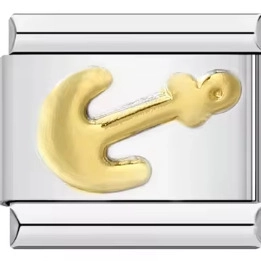 Detailed close-up of a modular stainless steel charm link with a golden anchor relief