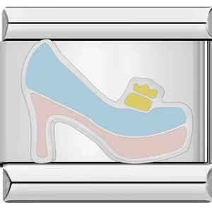 Detail of modular stainless steel charm link with colorful enamel high heel shoe pattern