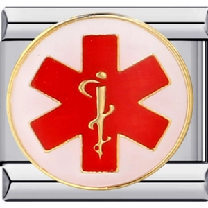 Close-up of stainless steel modular charm with medical Star of Life symbol on white enamel