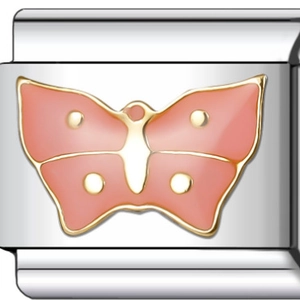 Close-up of Italian style stainless steel charm link with pink enamel butterfly design