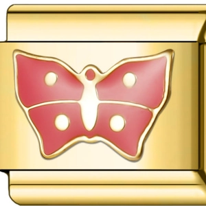 Macro shot of gold Italian charm link with pink butterfly enamel design for bracelets