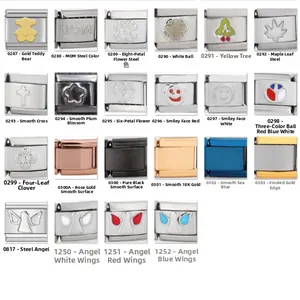 Detail of Italian charm links in stainless steel with colorful animal and symbol designs