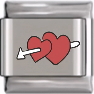 Detail of stainless steel Italian charm link featuring red double heart with white arrow