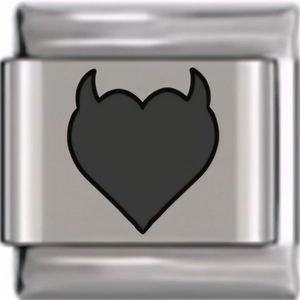 Macro view of silver stainless steel charm with a black devil heart design for DIY bracelets