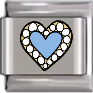 Macro shot of stainless steel modular charm link featuring a light blue enamel heart pattern