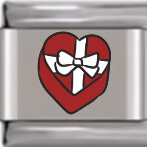 Close-up of stainless steel Italian charm link featuring a red heart with white bow