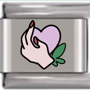 Macro detail of Italian charm bead featuring a hand holding a purple heart in stainless steel