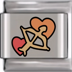 Macro shot of stainless steel Italian charm with cupid arrow and double heart design