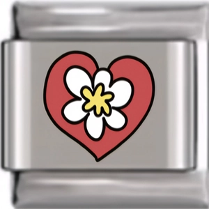 Close-up of a modular stainless steel charm featuring a red heart and white flower detail