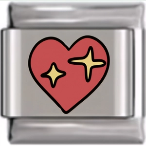 Macro detail of Italian charm link featuring a red heart with yellow star accents