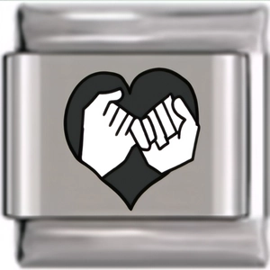 Macro view of stainless steel Italian charm with pinky swear heart design
