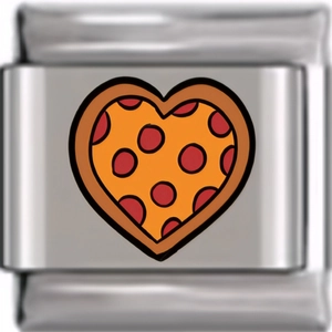 Detailed close-up of an Italian charm link with a heart-shaped pizza design in stainless steel