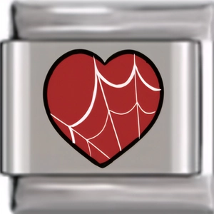 Macro detail of Italian charm bracelet link featuring a red heart with white spider web design