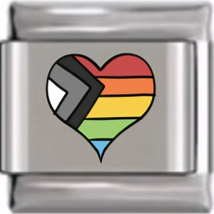 Macro shot of a heart charm charm with a rainbow pride pattern for modular bracelets