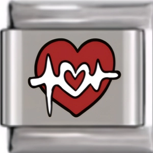 Macro detail of Italian charm bracelet link with red heart and white EKG heartbeat design