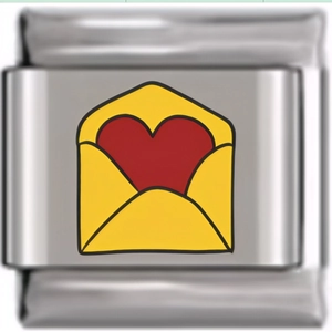 Macro view of stainless steel charm with a yellow enamel love letter and red heart design