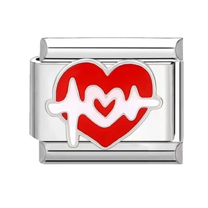 Italian style stainless steel charm featuring a red heart with white ECG pulse design