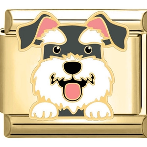 Detail eines italienischen Armbandglieds mit süßem Schnauzer-Hundemotiv in Gold-Finish