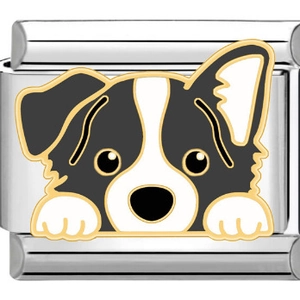 Makroansicht des 9mm Edelstahl-Charms mit Border Collie Hundemotiv aus Emaille