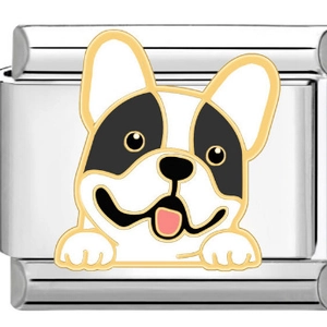 Makro-Detail eines 9mm Edelstahl-Charms mit einer schwarz-weißen Französischen Bulldogge