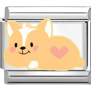 Detailaufnahme eines italienischen 9mm Gliedes mit niedlichem Corgi Hund Emaille-Anhänger