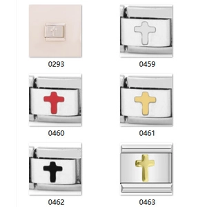 Detailansichten von 9mm Edelstahl Italian Charm Links mit verschiedenen Kreuzmotiven