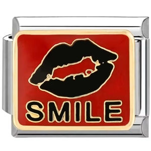 Italienisches Armband-Element mit roter Emaille, Lippen-Icon und goldenem SMILE-Schriftzug