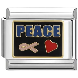 Nahaufnahme eines Italian Charm mit PEACE-Schriftzug, rotem Herz und rosa Schleife