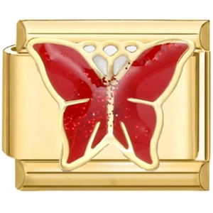 9mm goldfarbenes Edelstahl-Charm für Armband mit einem roten Glitzer-Schmetterling