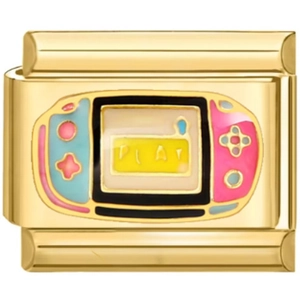 Goldenes Edelstahl-Modulglied für Armbänder mit einem bunten Retro-Spielkonsolen-Design