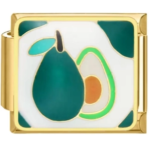 Makro-Detail des 9mm Gold-Edelstahl-Italien-Charms mit Avocado-Emaille-Design