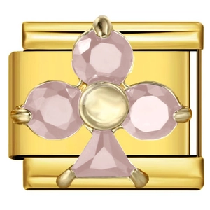 Detail eines Armbandglieds aus goldfarbenem Edelstahl mit rosa Kristallblüte
