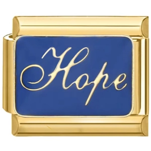 Charm modulare in acciaio inossidabile dorato con smalto blu e scritta Hope per bracciali