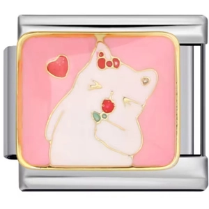 Charm in acciaio inossidabile con gatto bianco dei cartoni, cuore rosso e rosa