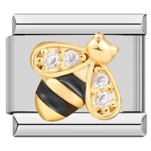 Italian charm bracelet link with gold bee design and cubic zirconia in stainless steel