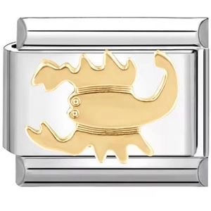 Close-up of silver modular bracelet link with gold 3D embossed scorpion charm detail