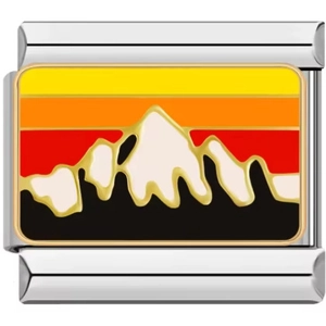 Detail of Italian style stainless steel charm bead with colorful enamel mountain sunset scene