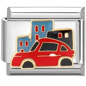 Detail of Italian style stainless steel charm bead with red car enamel design