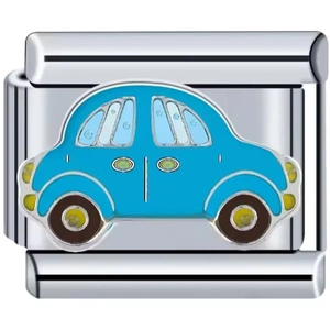 Detailed macro view of a polished stainless steel link charm with a blue cartoon car
