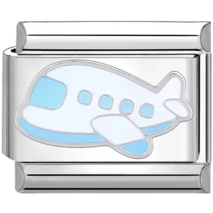 Close-up of stainless steel bead charm link with blue airplane enamel for DIY bracelets