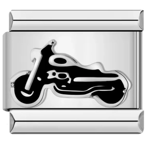 Macro view of stainless steel charm bracelet link featuring black motorcycle silhouette