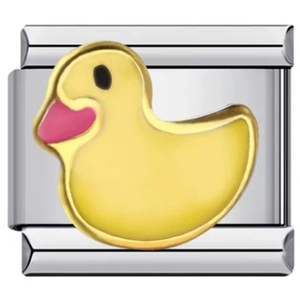 Detail of Italian charm link featuring a cute yellow enamel duck for DIY bracelets